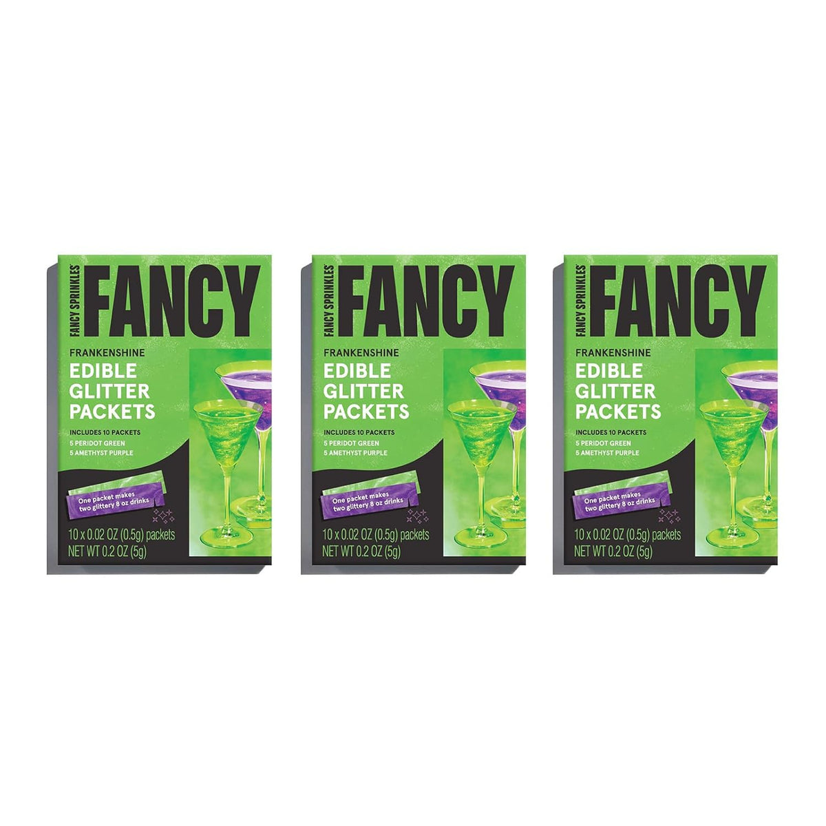 Fancy Sprinkles Limited Edition Halloween Frankenshine Edible Glitter Packets Portable & On-The-Go for Sparkling Drinks, Champagne, Cocktails, Wine, Beer, & more. (3 Pack)