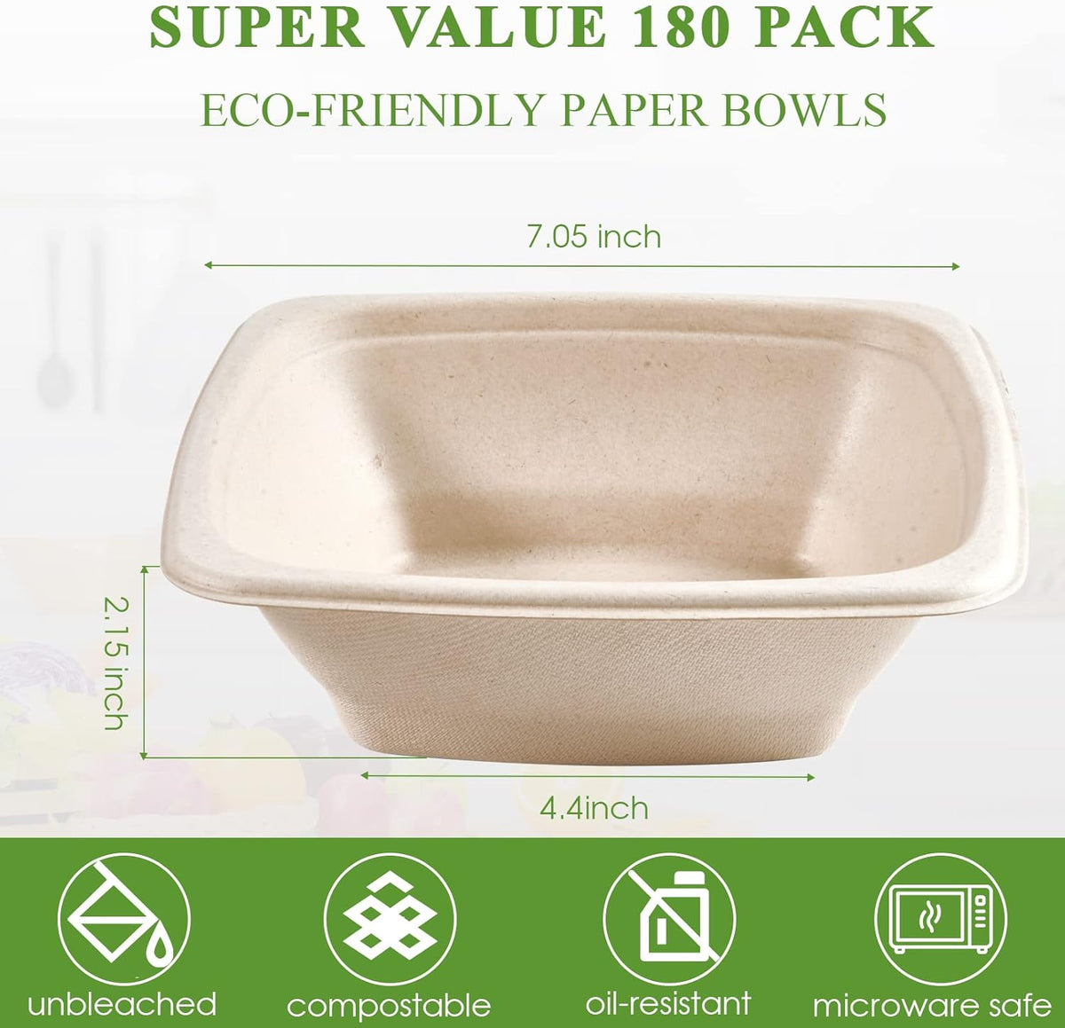 Vplus 180 Pack 24 OZ Paper Bowls Bulk, Square Disposable and Compostable, Eco-friendly Bagasse, Heavy-duty Bowls Perfect for Milk Cereals, Snacks, Salads