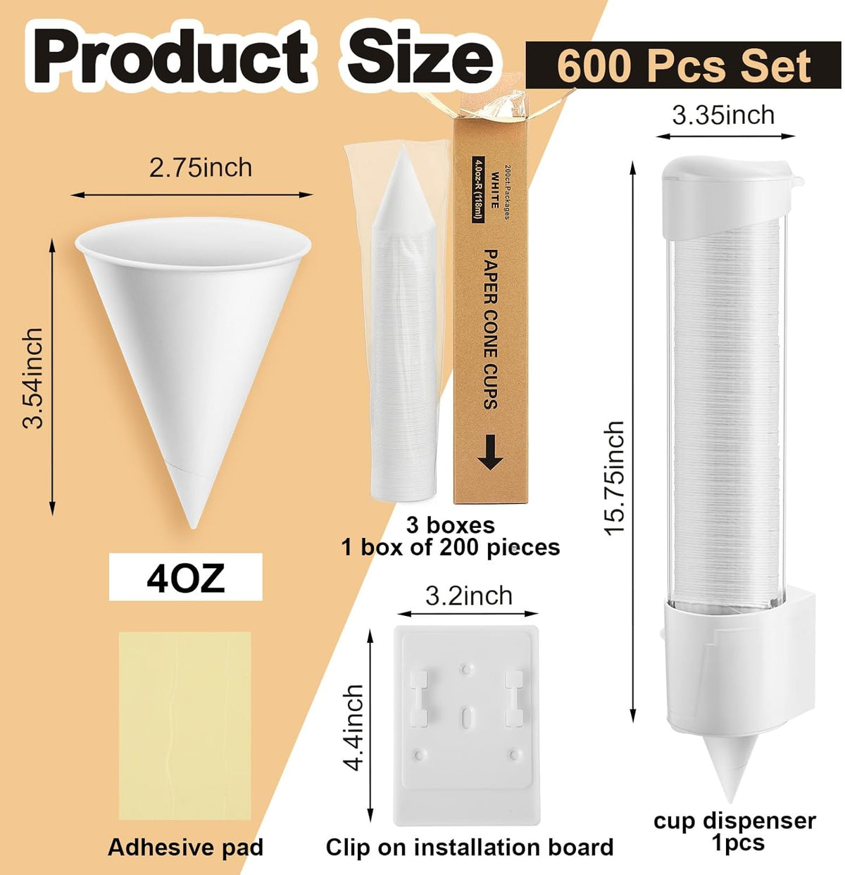 Roshtia 600 Pcs 4 oz Paper Cone Cups Thicken Disposable with 1 Cups Dispenser Pull Type Wall Mount Cup Holder Paper for Restaurants, Home, and Office, and Shaved Ice, Cold (White)