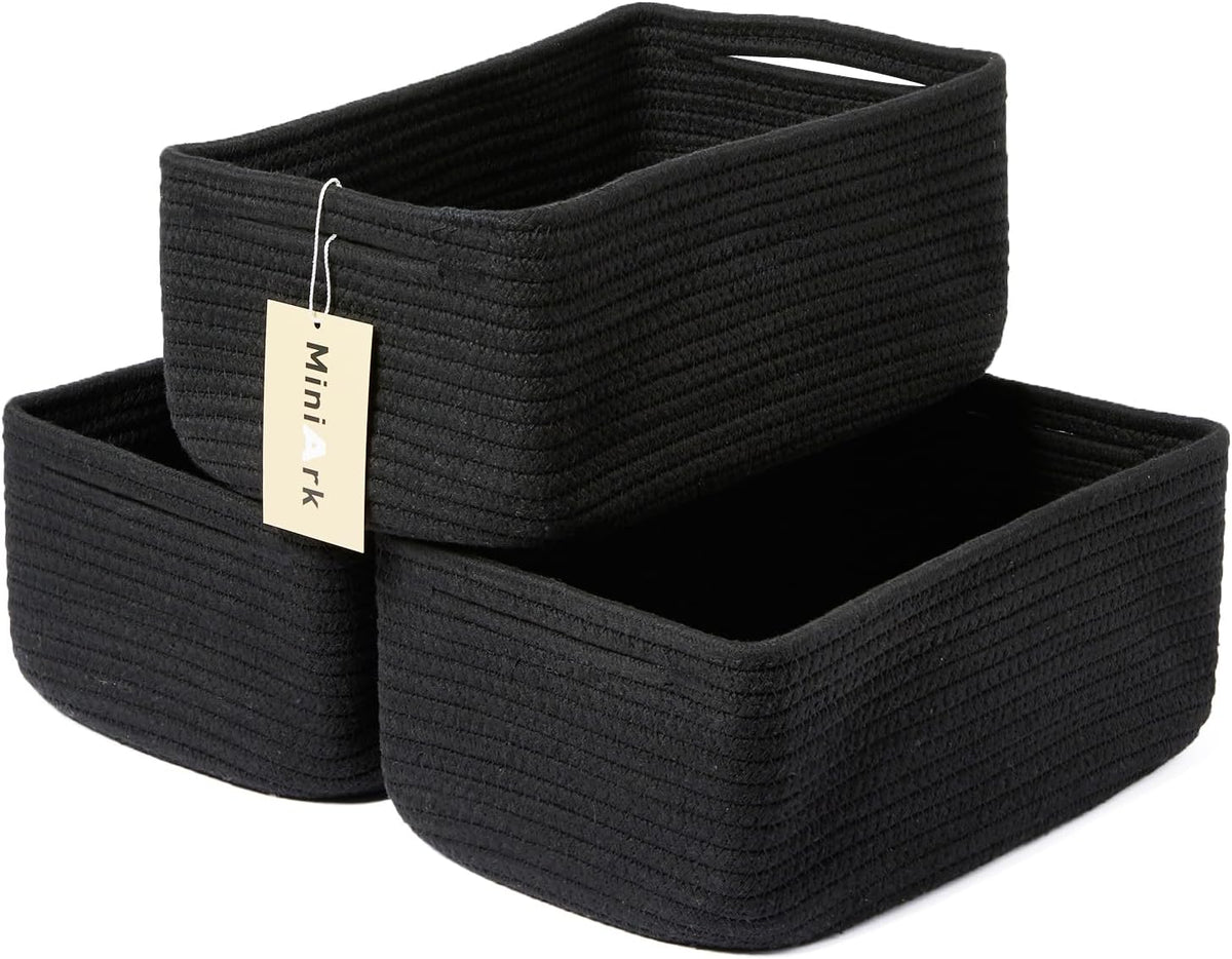 Small Storage Baskets for Organizing | Closet Organizer Bins | Shelf Toy Basket | Woven Rope Baskets | Cube Decorative Box | Shallow Basket | 13x8.5x5.1” | 3 Packs Black