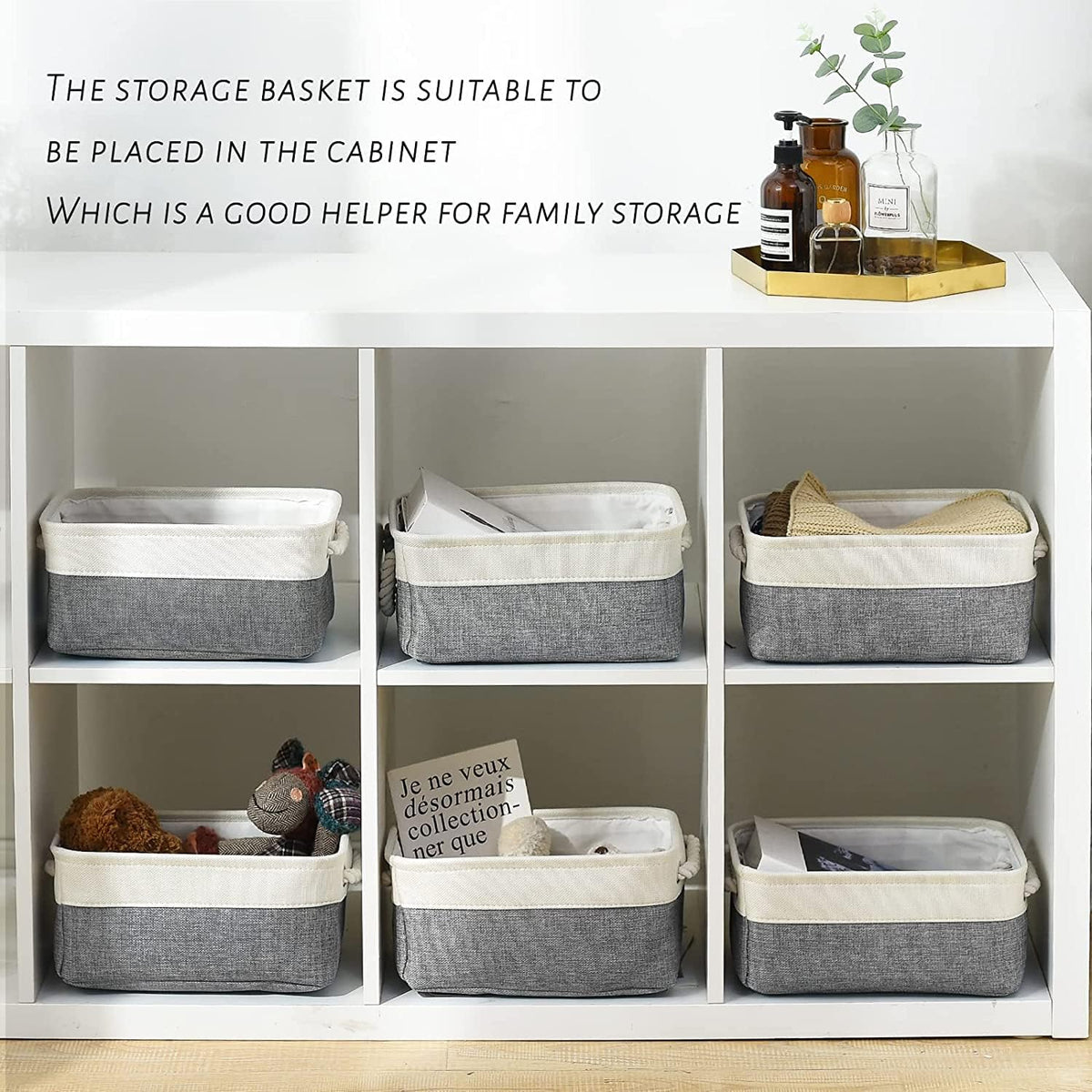 Fabric Storage Bins 12x8x5 inch [6-Pack] with Rope Handles - Decorative Baskets for Organizing
