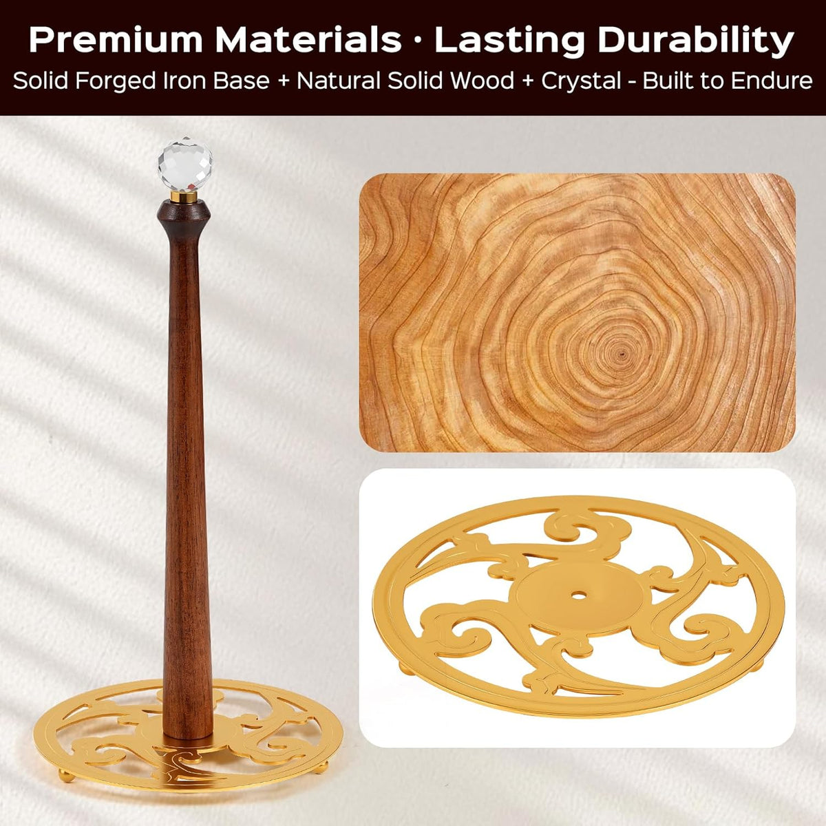 Wooden Countertop Paper Towel Holder,Iron Base with Die-Cast Pattern, Solid Wood Rod & Crystal Finial Top,Slow Reveal Artistry, Stable&Durable, Easy Install - Elevates Kitchen Décor(Gold)