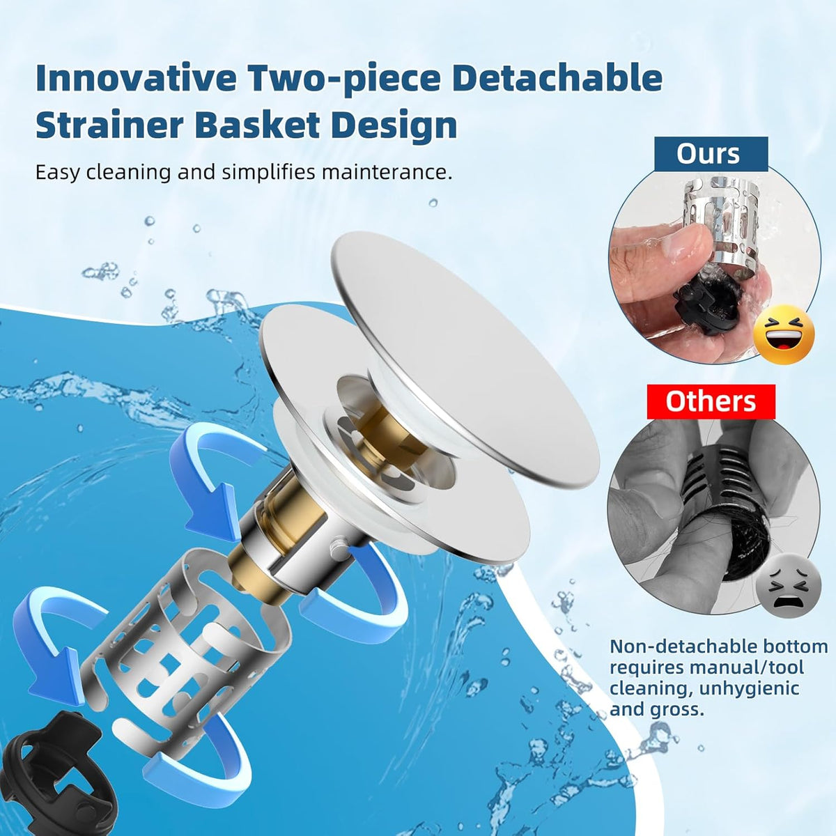 Hibbent Upgraded 3 in 1 Bathroom Sink Drain Strainer, Universal Pop Up Sink Stopper with Big Push Cap, Anti-Clogging Metal Filter Basket,Sink Plug with Hair Catcher for 1.1''~2.36'' Basin, Chrome