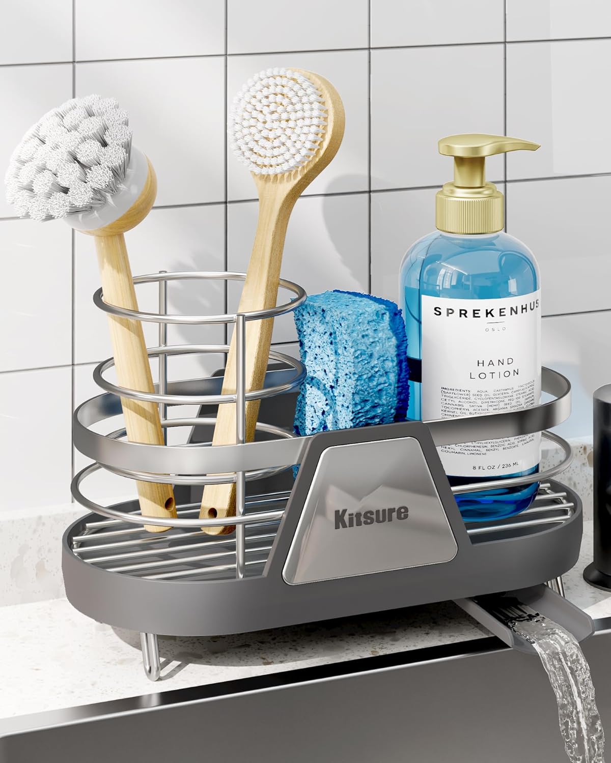 Kitsure Sponge Holder for Kitchen Sink - Space-Saving Kitchen Sink Caddy, Rustproof Metal Organizer with Removable Brush Holder, 7.9"×3.9"×5.3", Grey