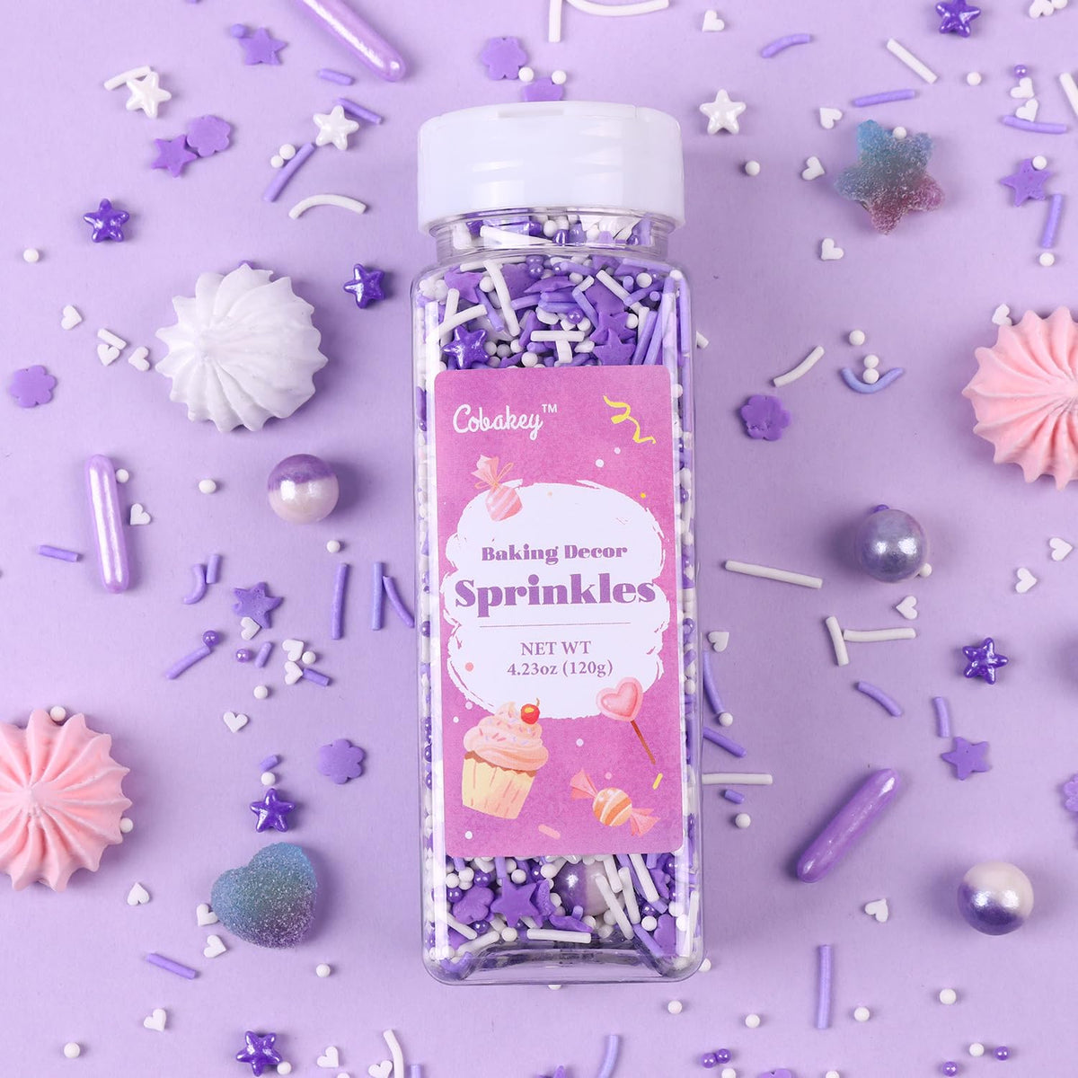 Purple Sprinkles for Cake Decorating 4.23ounce - Sugar Mix Contains Star & Pearl Sprinkles for Cupcake Toppers, Ice Cream, Candy, Cookie Decorations - Holiday Party Supplies