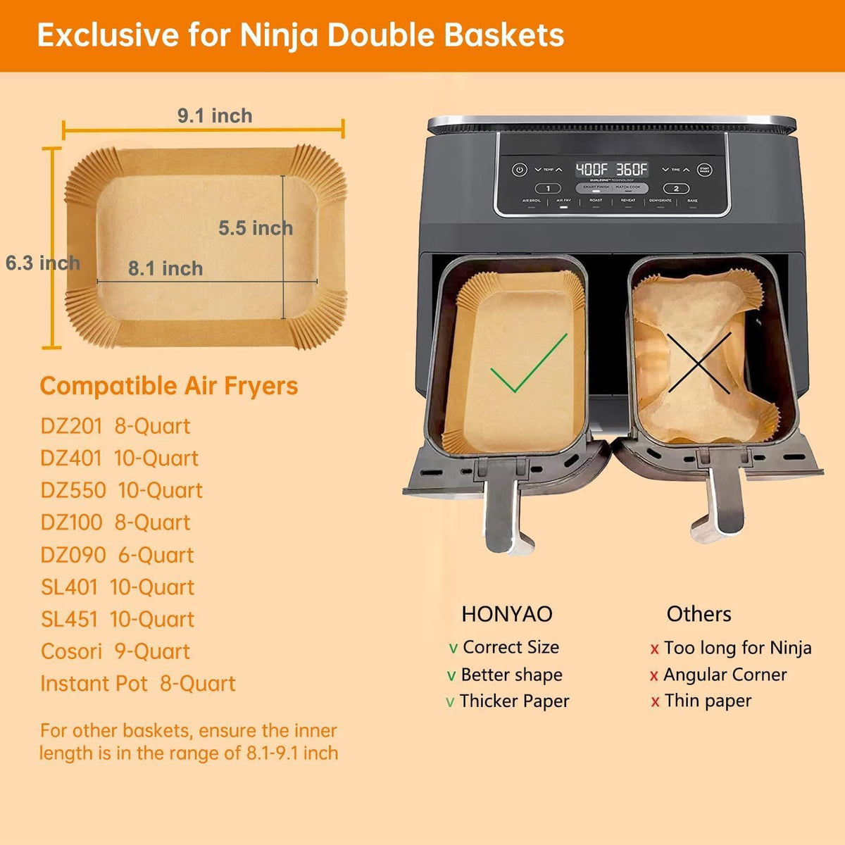 Air Fryer Paper Liners for Dual Zone Airfryer, 8.1x5.5 inch Rectangle Disposable Parchment Inserts for Two Drawer Ninja Double Stack XL 8-10 Quart Air Fryers, Food Grade Accessories BPA free