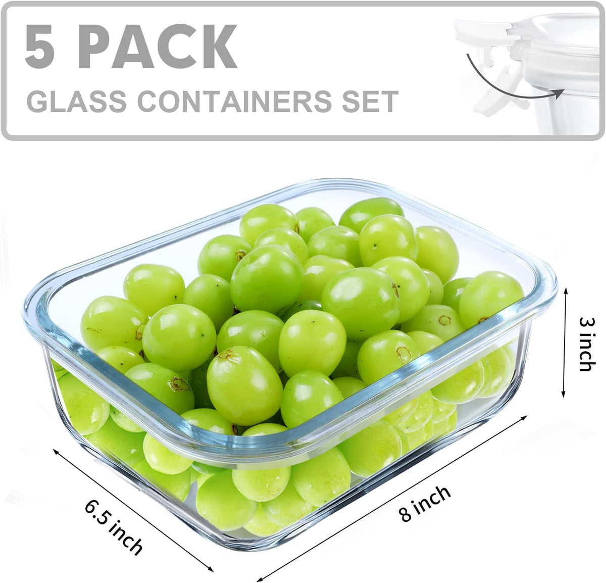 VERONES 5 Pack 36 OZ Glass Meal Prep Containers, Airtight Glass Lunch Containers Set, Food Storage Containers with Lids,Exclusive of BPA, for Microwave, Oven, Freezer & Dishwasher Friendly,White