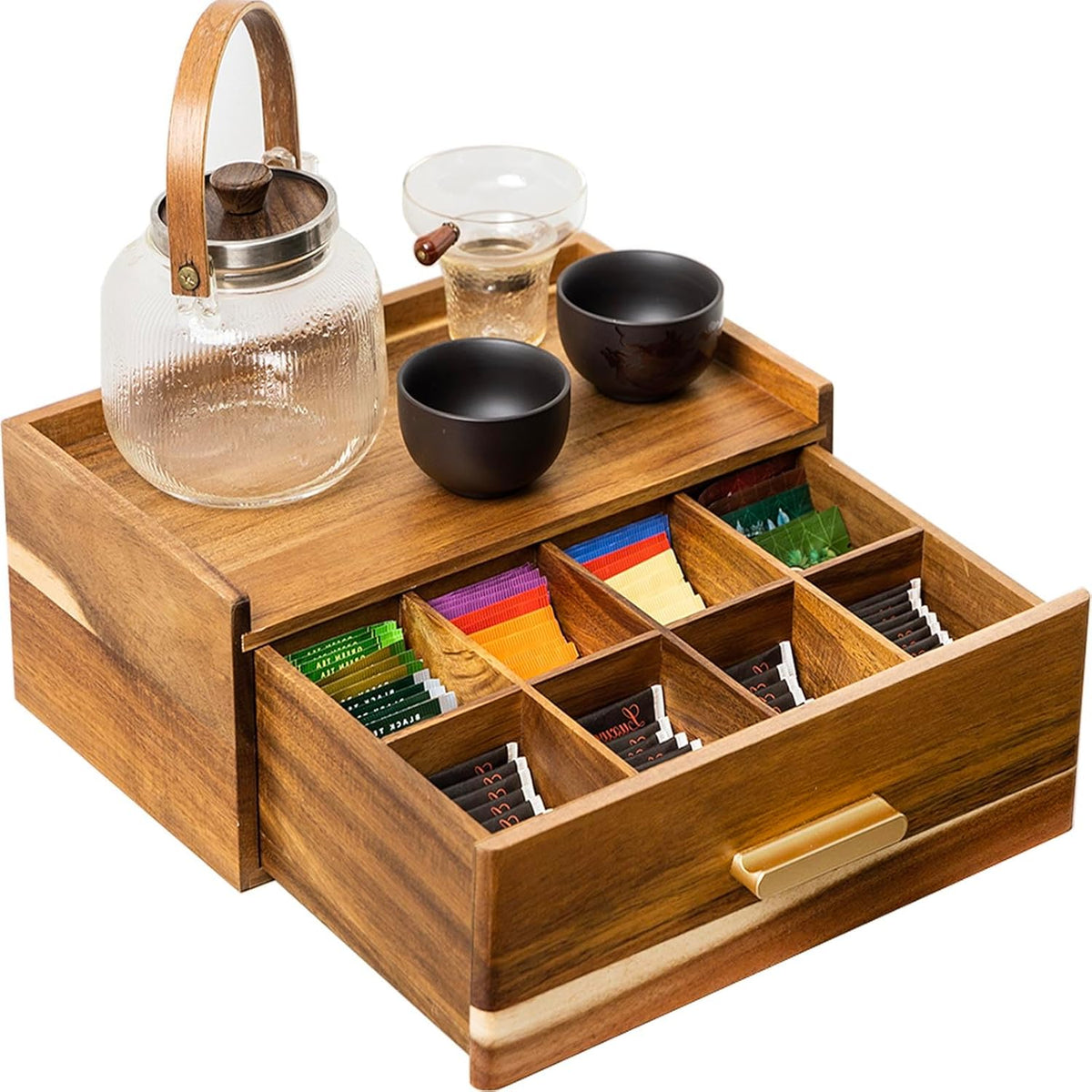 Acacia Wood Tea Bag Organizer, Tea Organizers and Storage Box, Tea Caddy for Tea Bags Storage Drawer, Teabag Holder Container Boxes for Countertop, Tea Station Chest Display Wooden, Organizador De Te