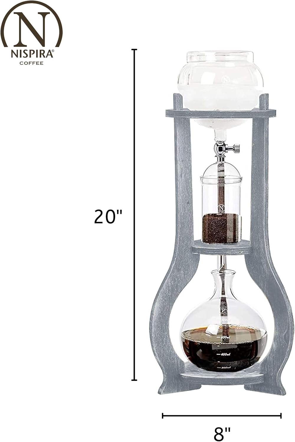 Nispira Iced Coffee Cold Brew Drip Tower Coffee Maker Wooden, 6-8 cup, Grey