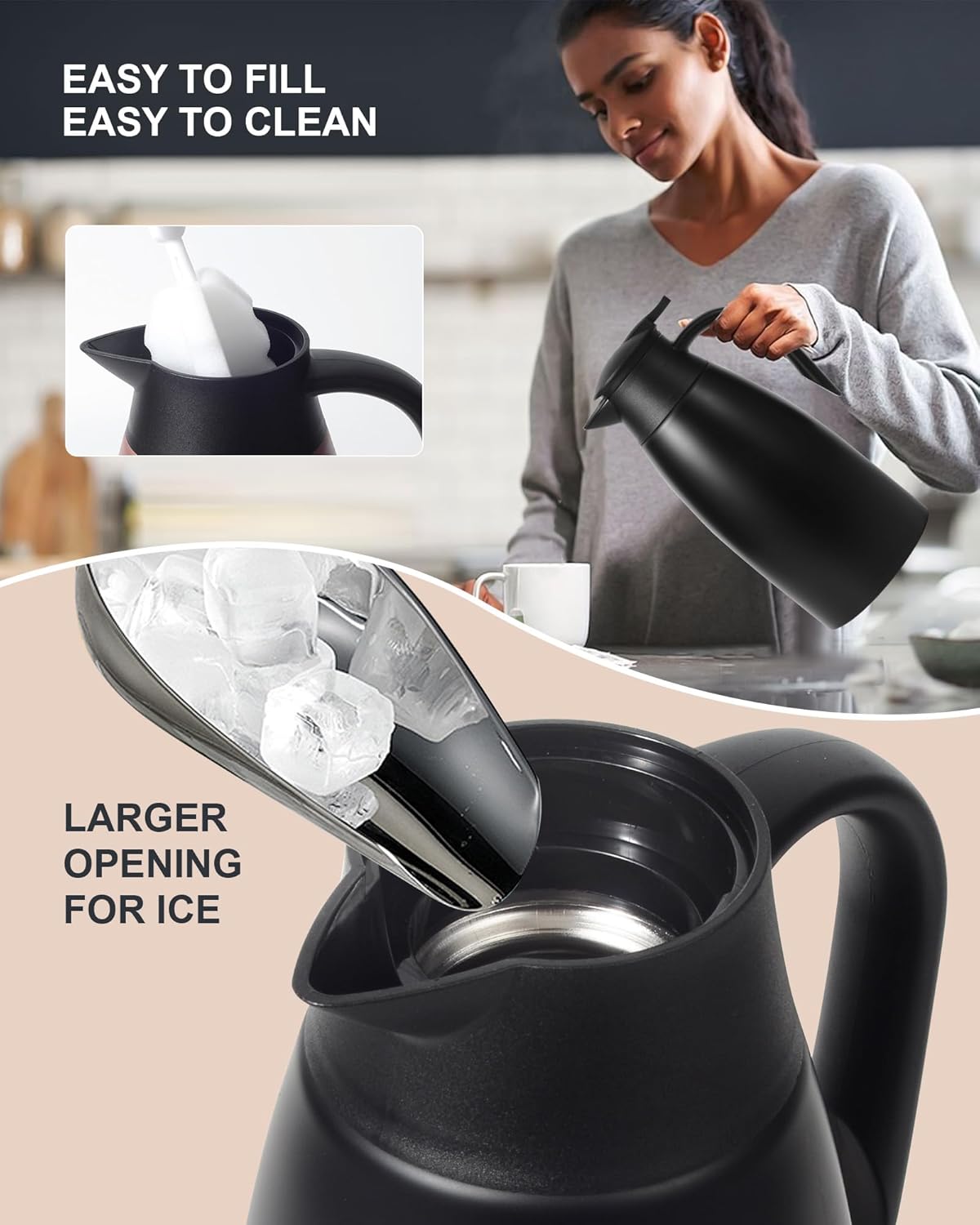 70oz Thermal Coffee Carafe for keeping hot,Updated Carafes for hot liquid, Stainless Steel Insulated Thermal Pot for Coffee, Hot Water,Keep Hot 12 Hours (Black 2.1 L)