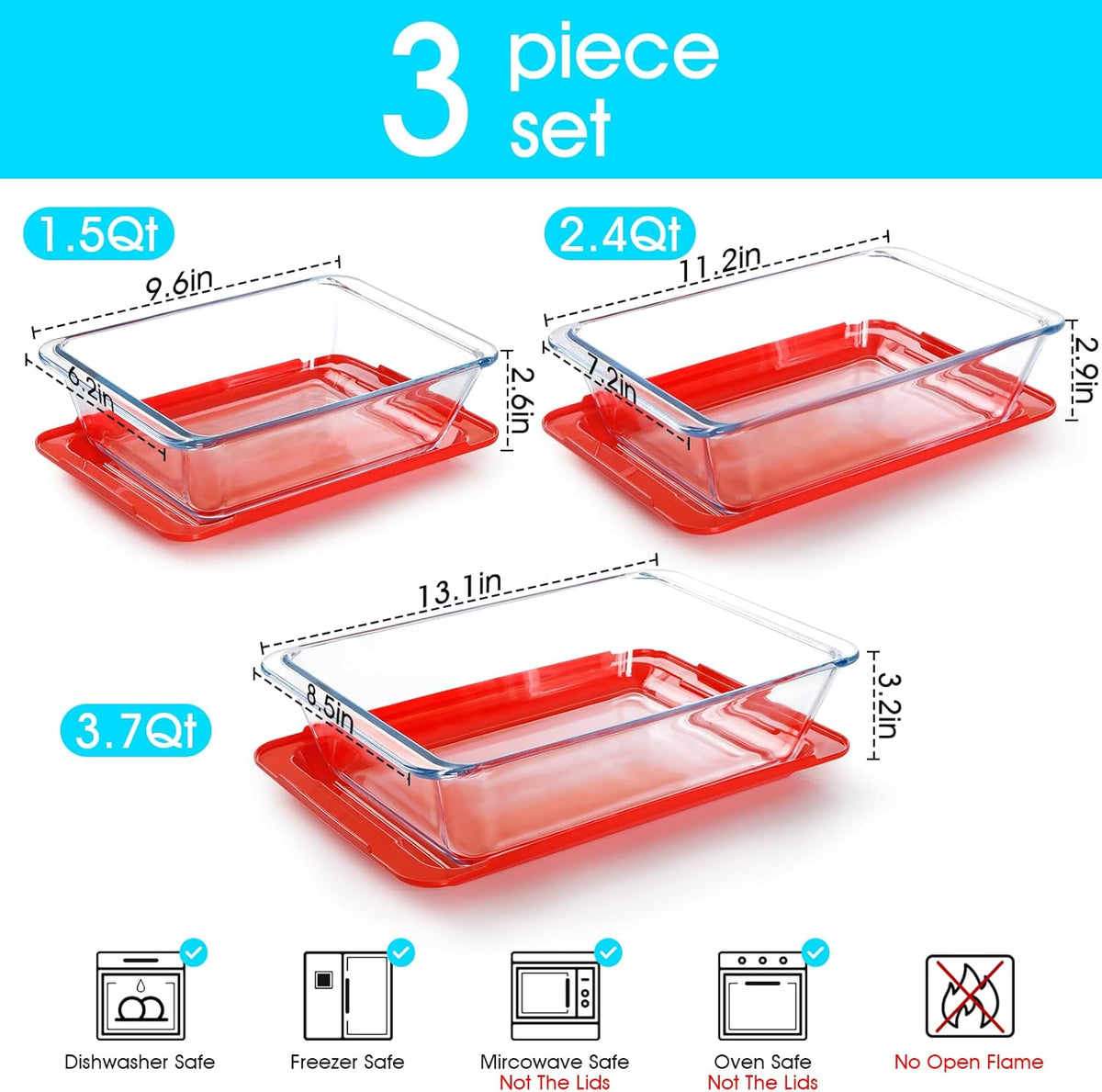 NUTRIUPS Deep Glass Baking Dish with Lids, 1.5+2.4+3.7Qt 3-Pack Deep Lasagne Dish for Oven, Rectangular Glass Bakeware