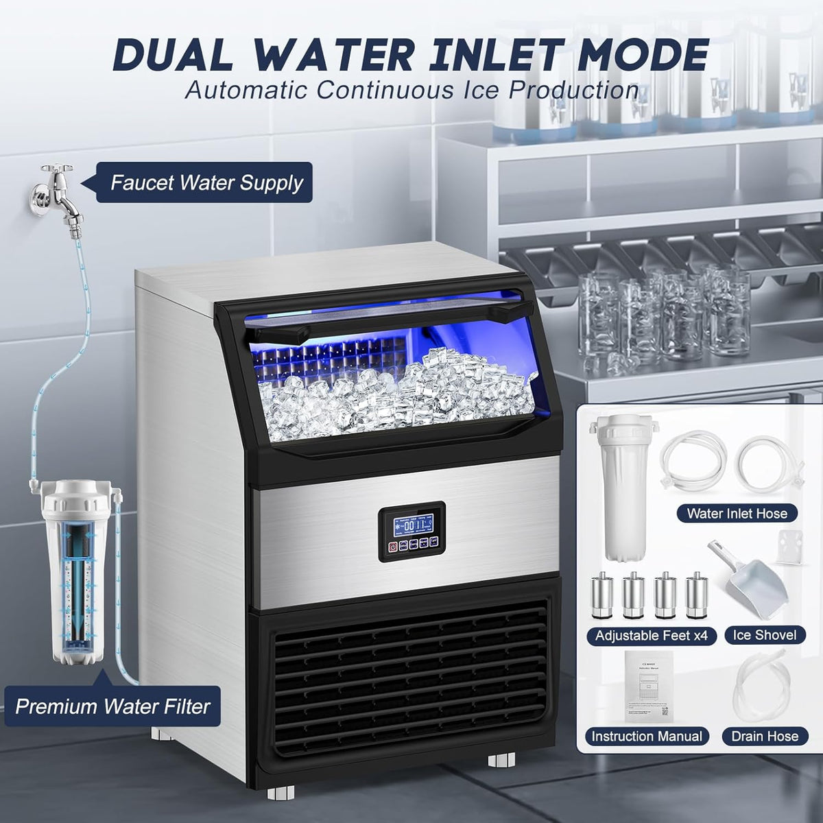 Commercial Ice Maker Machine 250LBS/24H with 75LBS Storage Bin, Stainless Steel Undercounter/Freestanding Ice Maker Machine for Home Bar Outdoor, 80PCS Ice Cubes Ice Machine, Self Cleaning