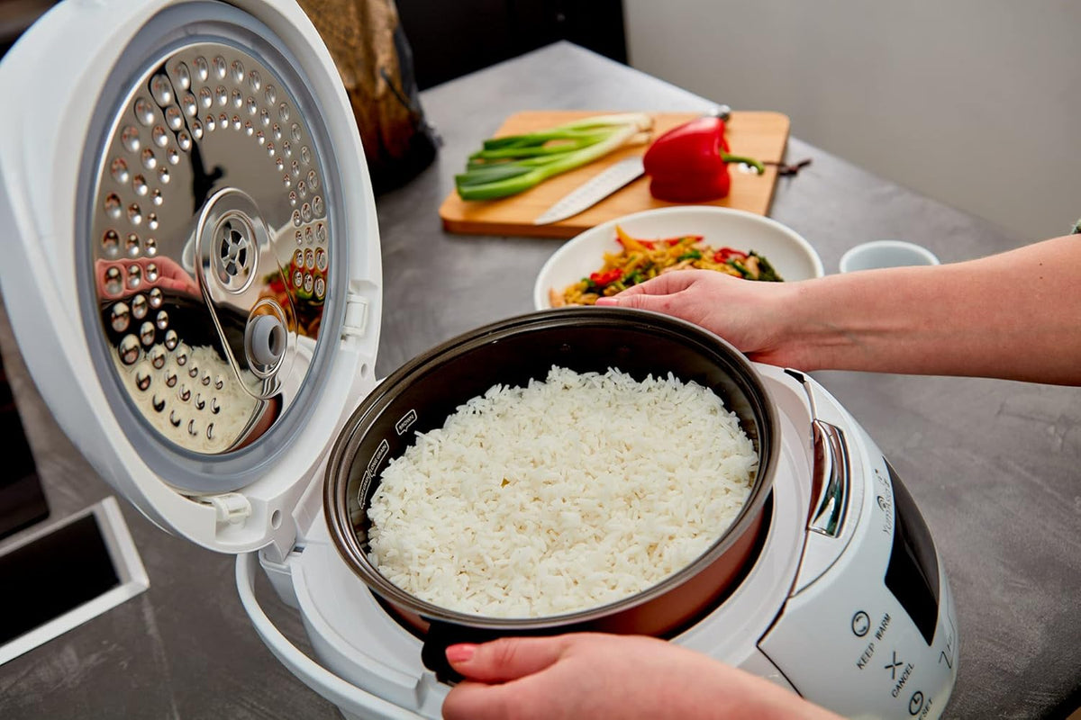 Yum Asia Sakura Rice Cooker with Ceramic Bowl and Advanced Fuzzy Logic (8 Cup, 1.5 Litre) 6 Rice Cook Functions, 6 Multicook Functions, Motouch LED Display, 120V Power (White and Siver)