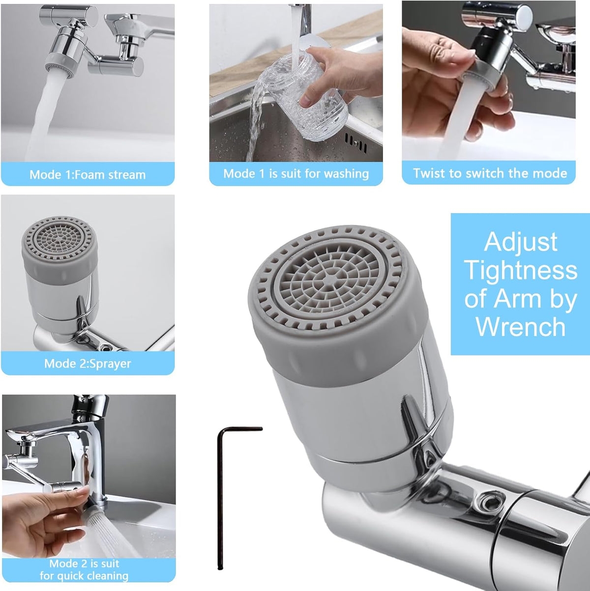 TIDYENDURE 1080°Swivel Faucet Extender, Sink Water Faucet Aerator Extension, 2-Flow Sprayer Faucet Head, Faucets Bubbler for Kitchen and Bathroom Sink Faucet, Tap Adjustment for Face Washing, Silver
