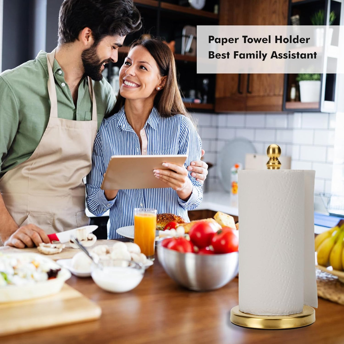 Gold Paper Towel Holder Countertop with Weighted Stainless Steel Base, One-Handed Design No Tipping Over, Standing Paper Towel Holder Standing in Brushed Gold Finish