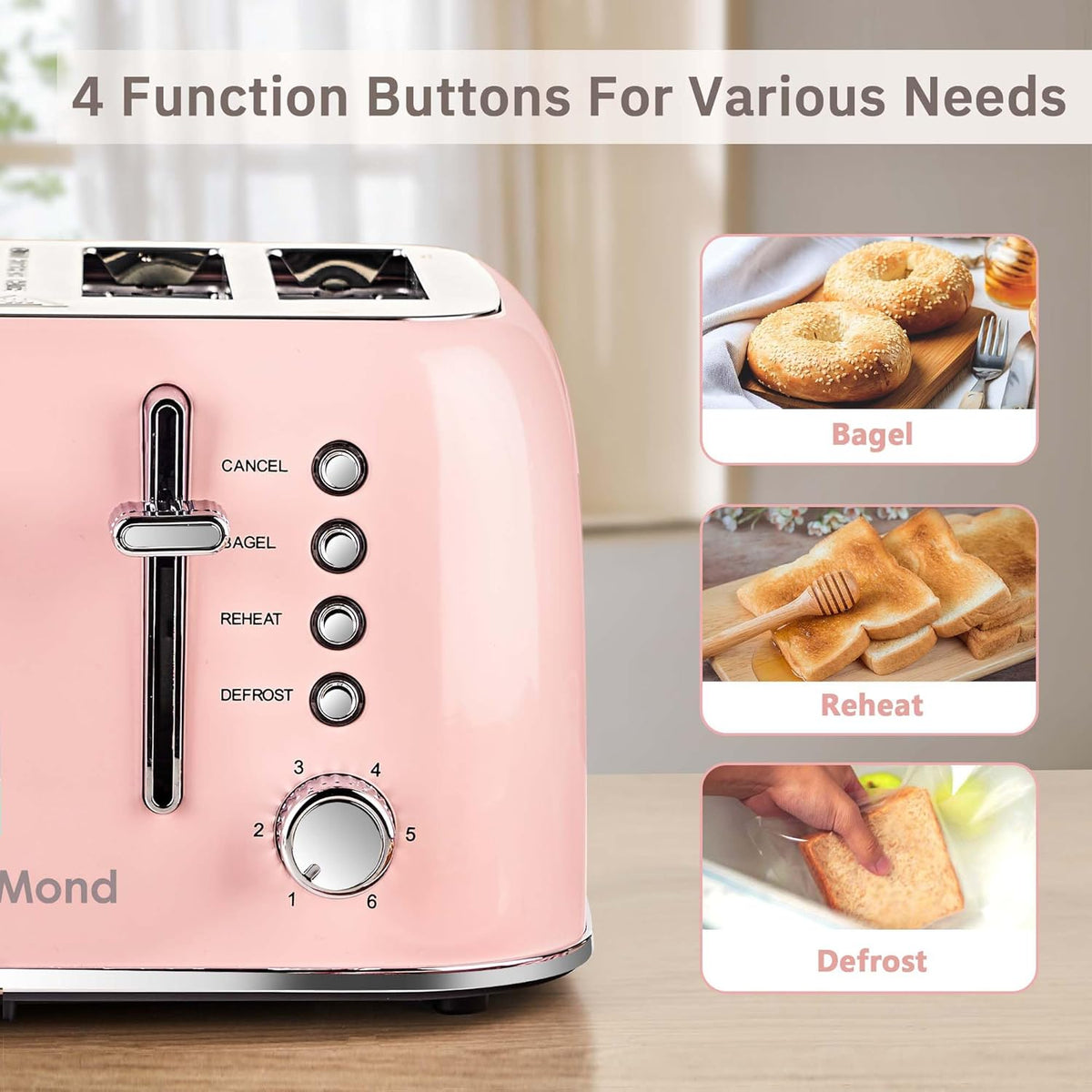 Toaster 4 Slice Retro Stainless Steel with Extra Wide Slots Bagel, Defrost, Reheat Function, Dual Independent Control Panel, Removable Crumb Tray, 6 Browning Levels, Pink