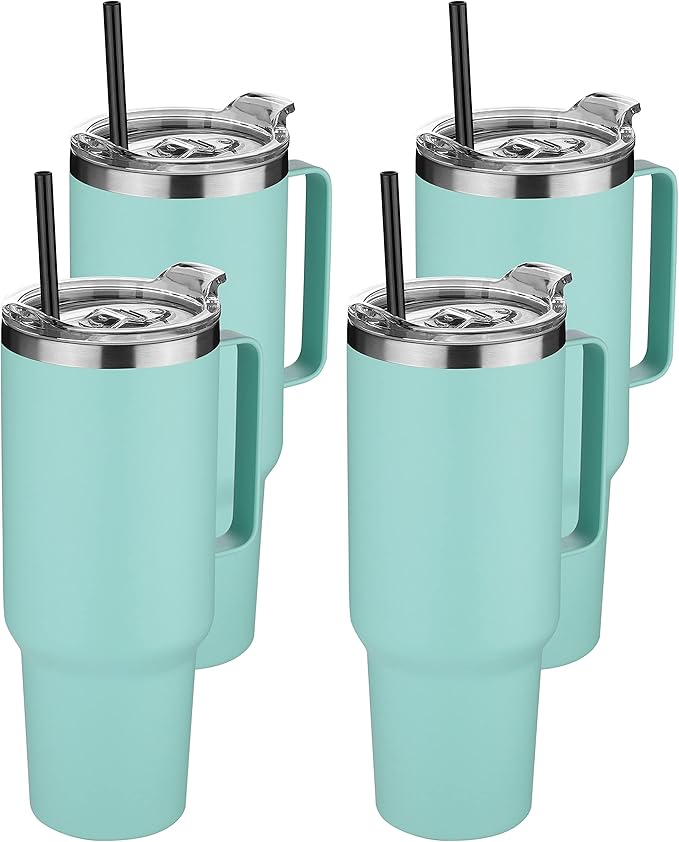 HASLE OUTFITTERS 40 oz Stainless Steel Tumbler with Handle, Vacuum Insulated Tumblers Bulk, Reusable Double Wall Travel Coffee Mug, Durable Powder Coated Water Bottles(Mint Green, 4)