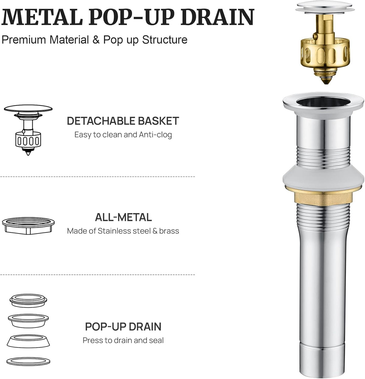 Pop up Sink Drain Stopper for Bathroom Vessel Vanity Sink Art Basin Chrome, Small Cap Without Overflow, Metal Pop-up Drain Strainer with Detachable Basket Stopper