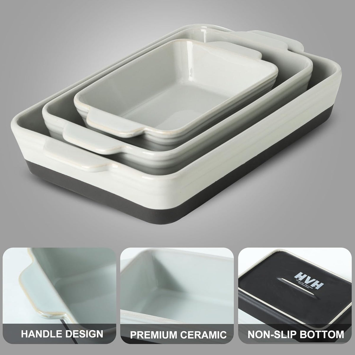 HVH Baking Dish Set, 9x13 Baking Dish, Large Casserole Dishes for Oven, Ceramic Lasagne Pan Deep, Baking Dishes for Casseroles 13 x 9, Ceramic Bakeware Set of 3, Farmhouse Style (Black Pottery)
