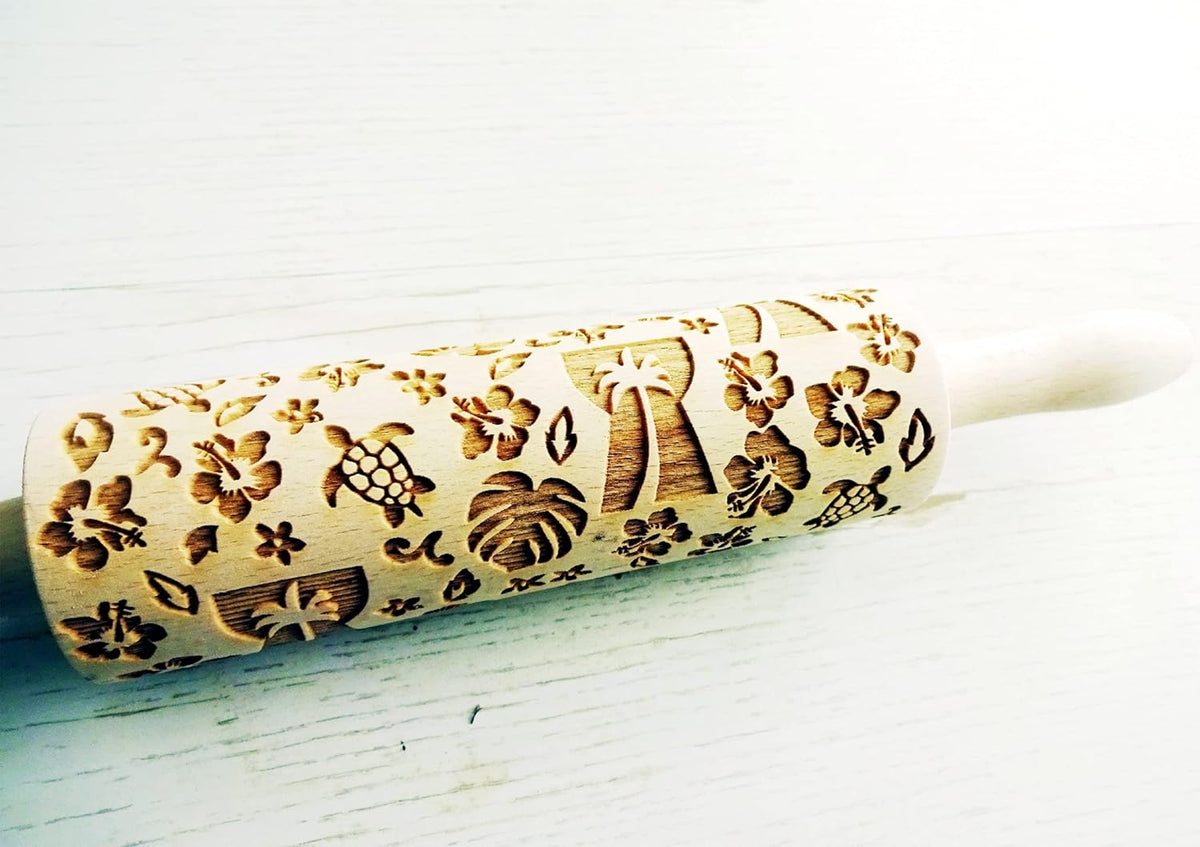 GUAM ROLLING PIN with HIBISCUS HAWIIAN PALM TURTLE MONSTERIA GIFT for FRIEND