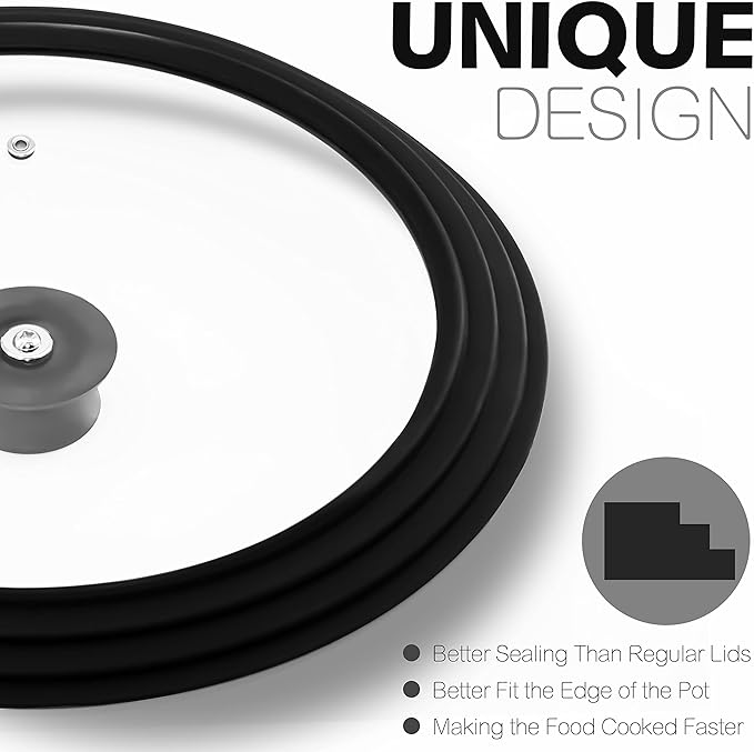 Anaeat Silicone Universal Lid for Pots, Pans and Skillets - Tempered Glass Covered with Heat Resistant Silicone Rim Fits 8", 8.5" and 9.5" Diameter Cookware -Easy to Use Replacement Frying Pan Cover