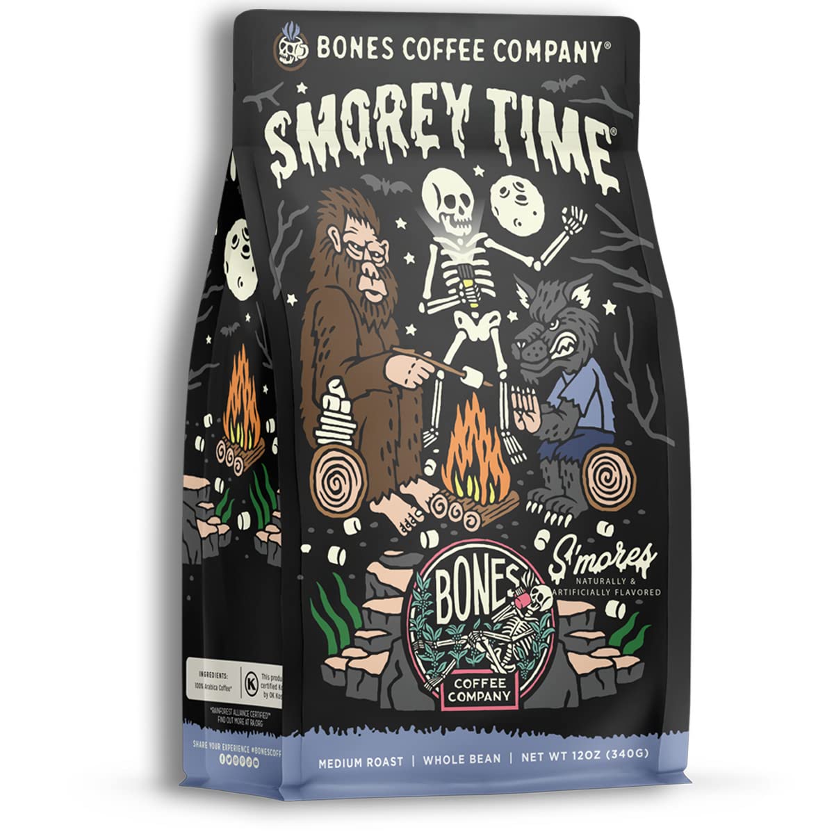 Bones Coffee Company S'morey Time, S'mores and Graham Crackers Flavored Coffee, Medium Roast Low Acid Arabica Beans Compatible with Auto drip and French Press Coffee Maker, 12 Oz Whole Bean