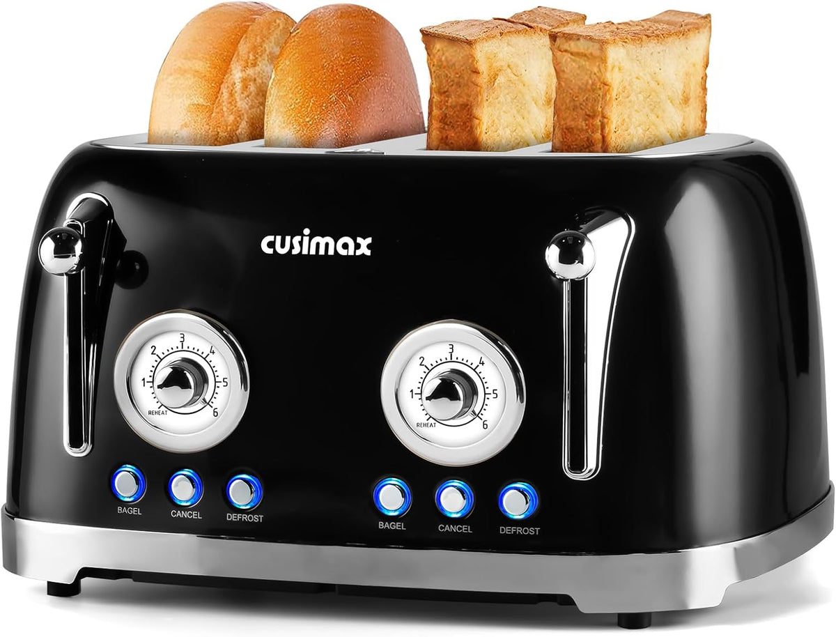 CUSIMAX Retro 4-Slice Toaster with Wide Slots, Stainless Steel, 6 Toast Settings, Bagel, Cancel, Defrost & Reheat Functions, Dual Independent Control Panels, Black