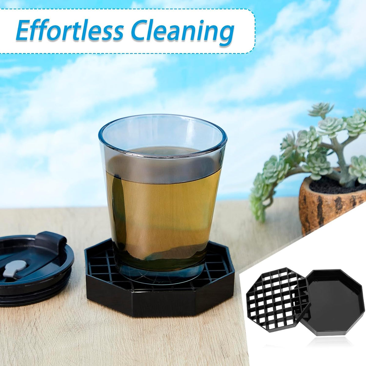 Suclain 12 Pcs 4 Inch Coffee Drip Tray Black Plastic Octagon Coffee Countertop Drip Coaster with Honeycomb Grid for Drink Tea Wine Beverage Dispenser