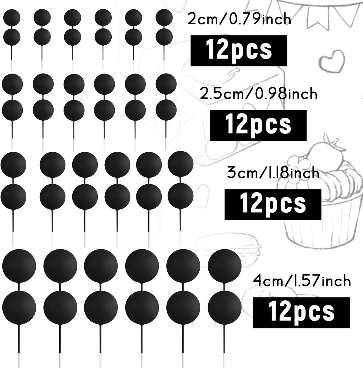 48 Pcs Balls Cake Topper Decorations Balloon Cupcake Toppers Foam Cake Topper Balls Cake Balls Decorations for Birthday Party Wedding Anniversary Cake Decorating (Black)