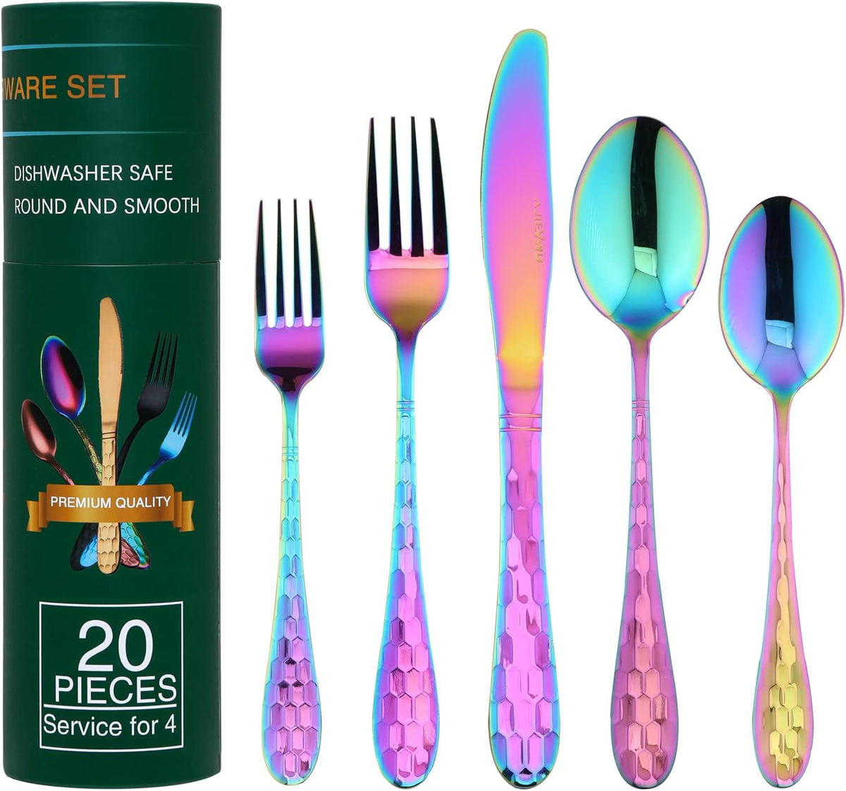Hammered Silverware Set 20 Pieces, 18/10 Stainless Steel Colorful Silverware Set, Tableware Flatware Set for 4, Utensils Set Include Knife/Fork/Spoon, Mirror Polished, Dishwasher Safe (Rainbow)