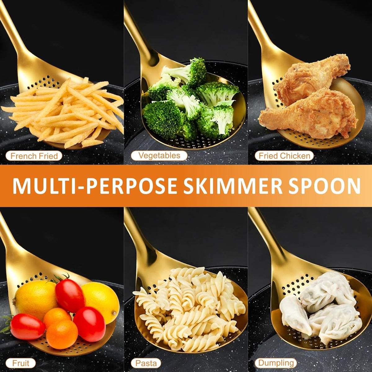 Large Gold Serving Slotted Spoon, 304 Stainless Steel Set, Stainless Steel Soup Ladle Spoon, Metal Gravy Ladle, Solid Slotted Spoon for Mixing, Serving, Stirring, Salad, Soup, 14 Inch