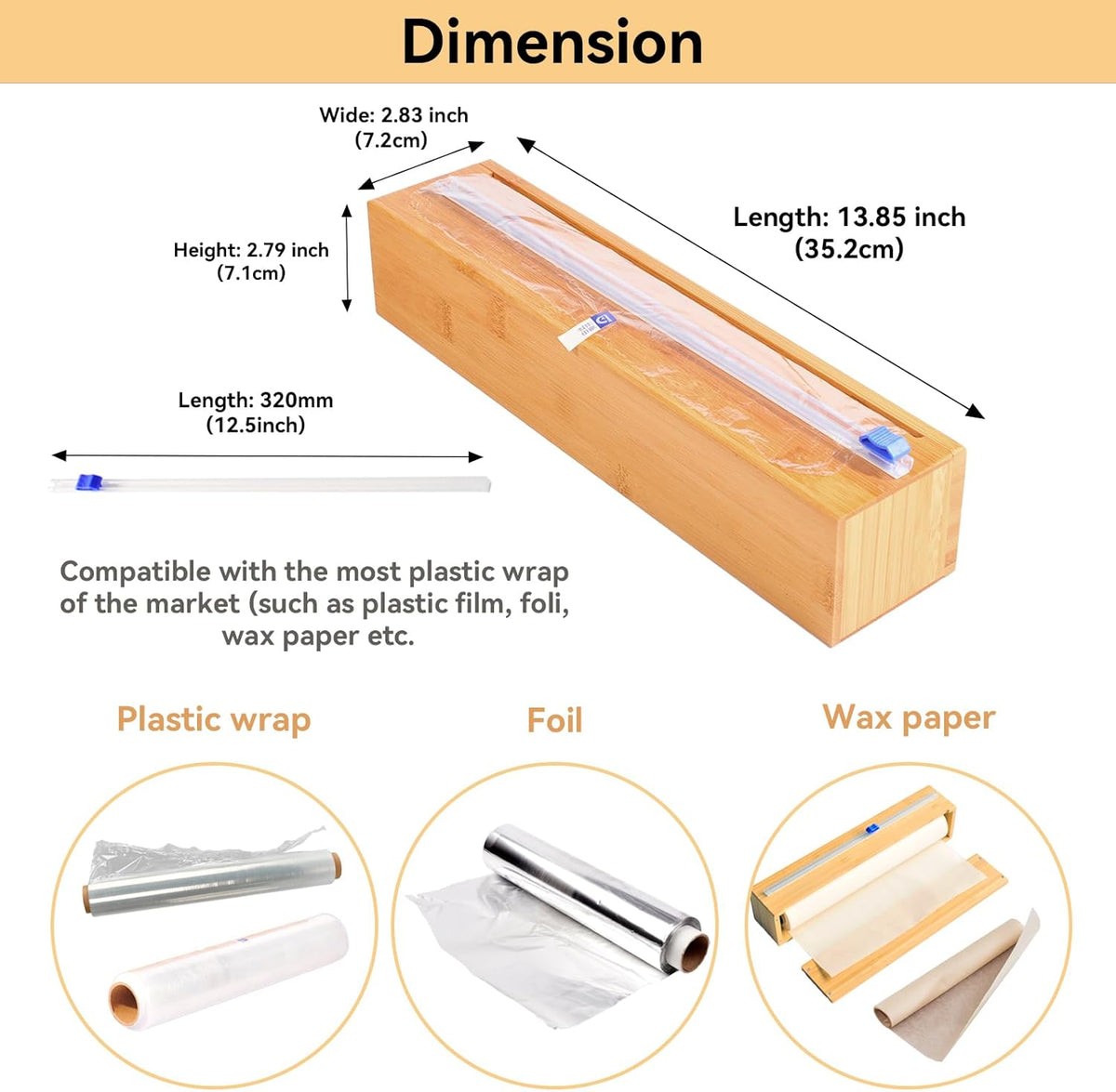 Plastic Wrap Dispenser with Cutter, Wrap Dispenser with Slide Cutter, for Aluminum Foil, Plastic Wrap and Wax Paper, Fits 12" Roll