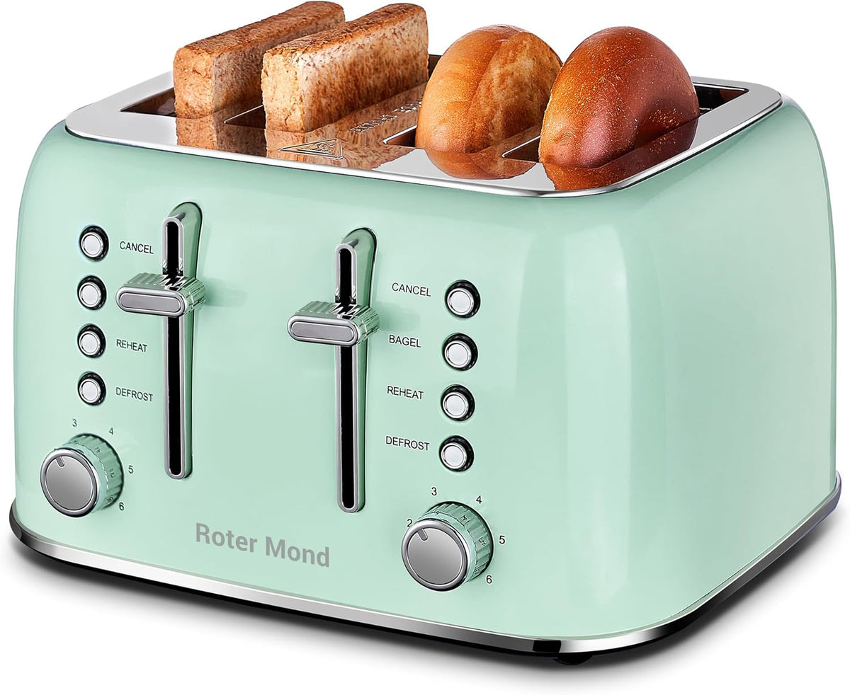 Toaster 4 Slice Retro Stainless Steel with Extra Wide Slots Bagel, Defrost, Reheat Function, Dual Independent Control Panel, Removable Crumb Tray, 6 Browning Levels, Aqua Green