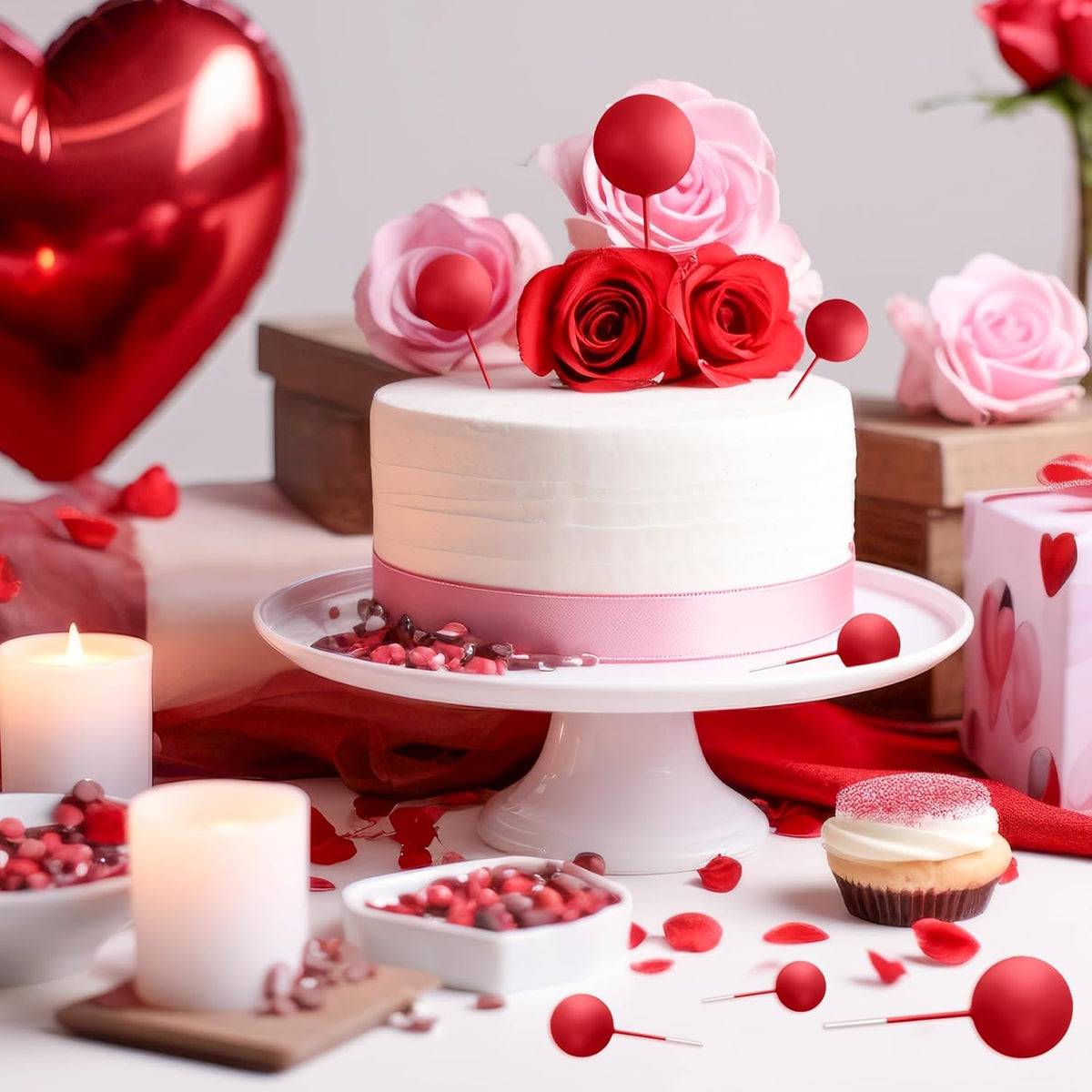 48 Pcs Balls Cake Topper Decorations Balloon Cupcake Toppers Foam Cake Topper Balls Cake Balls Decorations for Birthday Party Wedding Anniversary Cake Decorating (Red)