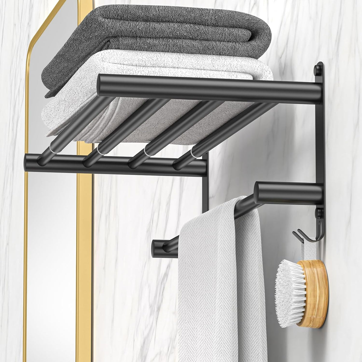Adjustable Towel Bar for Bathroom Wall Mount17-30.7inch Adhesive Shower Towel Rack Stainless Steel Bath Towel Holders for Toilet Kitchen Double Towel Hanger (Black 2-Layer Towel Rack)