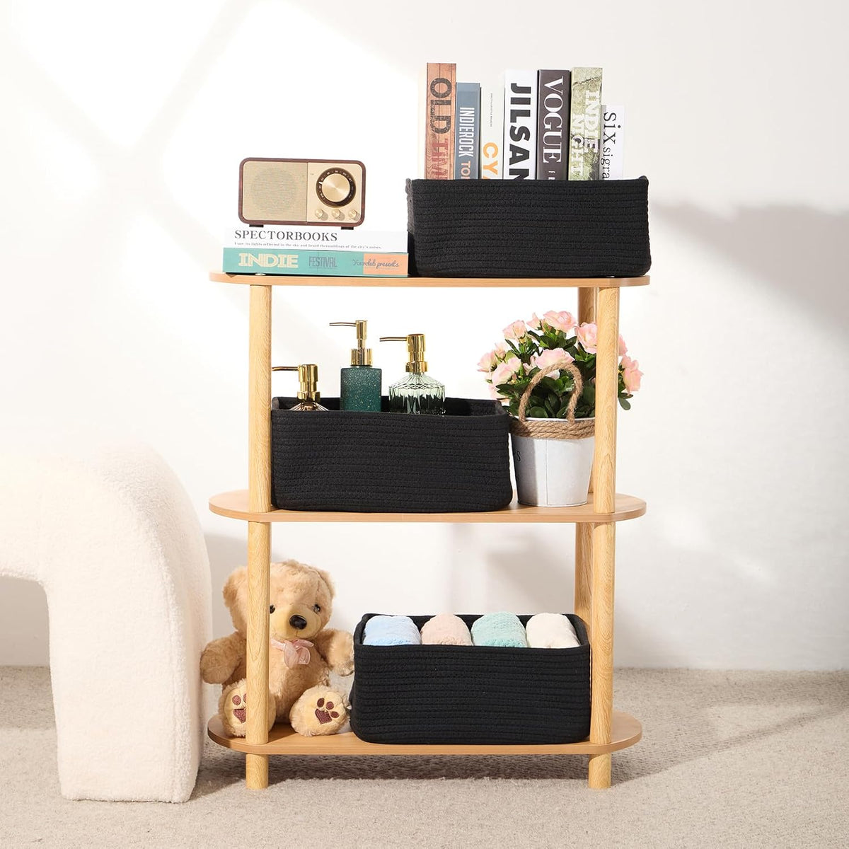 Small Storage Baskets for Organizing | Closet Organizer Bins | Shelf Toy Basket | Woven Rope Baskets | Cube Decorative Box | Shallow Basket | 13x8.5x5.1” | 3 Packs Black