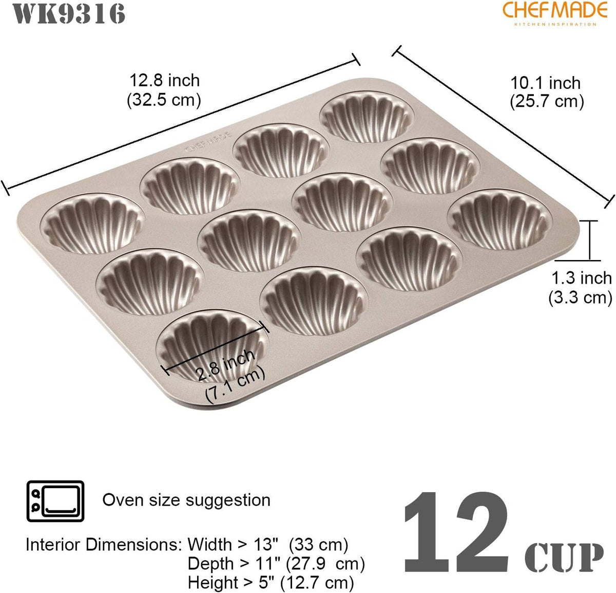 CHEFMADE Madeleine Mold Cake Pan, 12-Cavity Non-Stick Spherical Shell Madeline Bakeware for Oven Baking (Champagne Gold)
