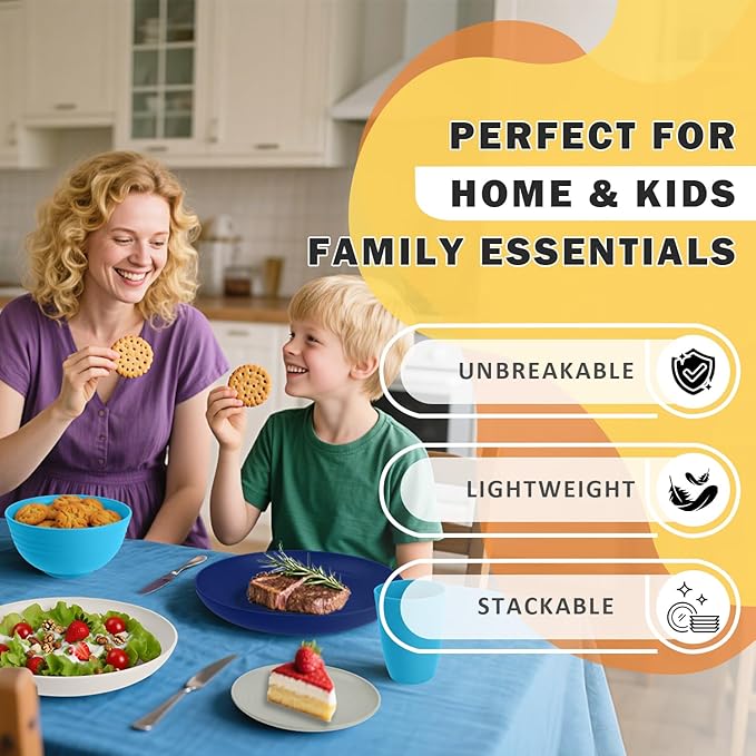Wheat Straw Dinnerware Sets of 32, Unbreakable Plates and Bowls Sets Service for 8, Dinner Plate/Dessert Plate/Bowl/Cup, for Outdoor Camping RV Apartment Essentials - Island Color