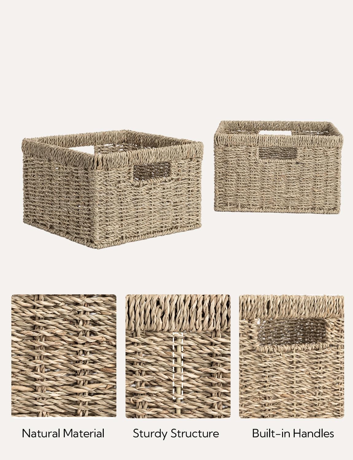 StorageWorks Wicker Storage Baskets, Handwoven Seagrass Basket for Organizing, Decorative Wicker Baskets with Built-in Handles, Set of 2