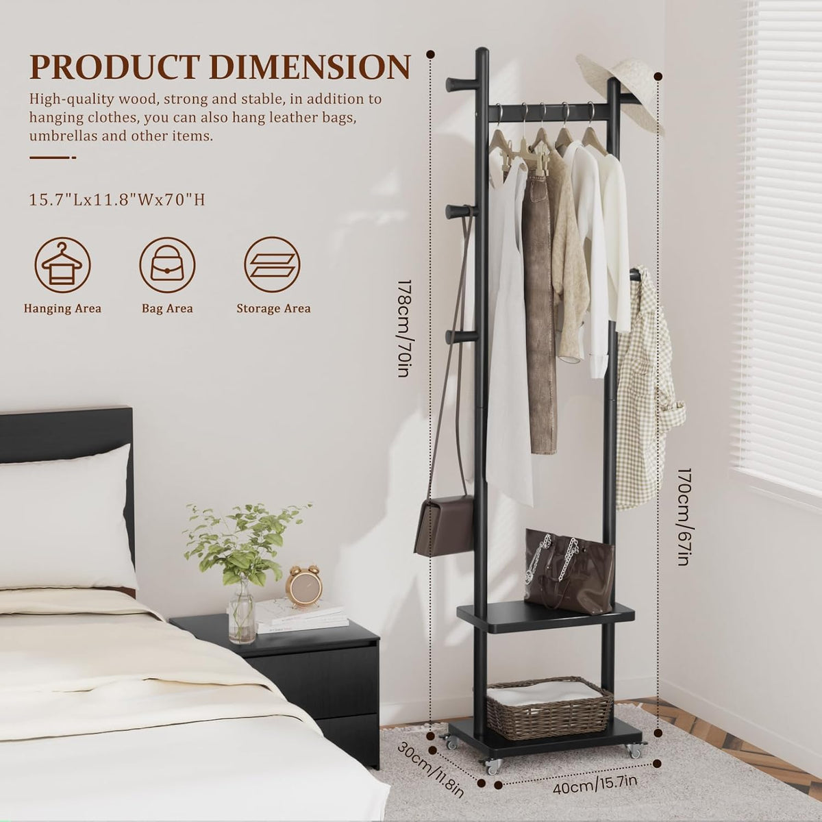 Solid Wood Coat Rack Freestanding Clothing Rack with Wheels & 2 Shelves Storage & 5 Hooks Heavy Duty Clothes Rack Wood Coat Tree Stand Hat Hanger Rack for Corner Bedroom Entryway Living Room Hotel