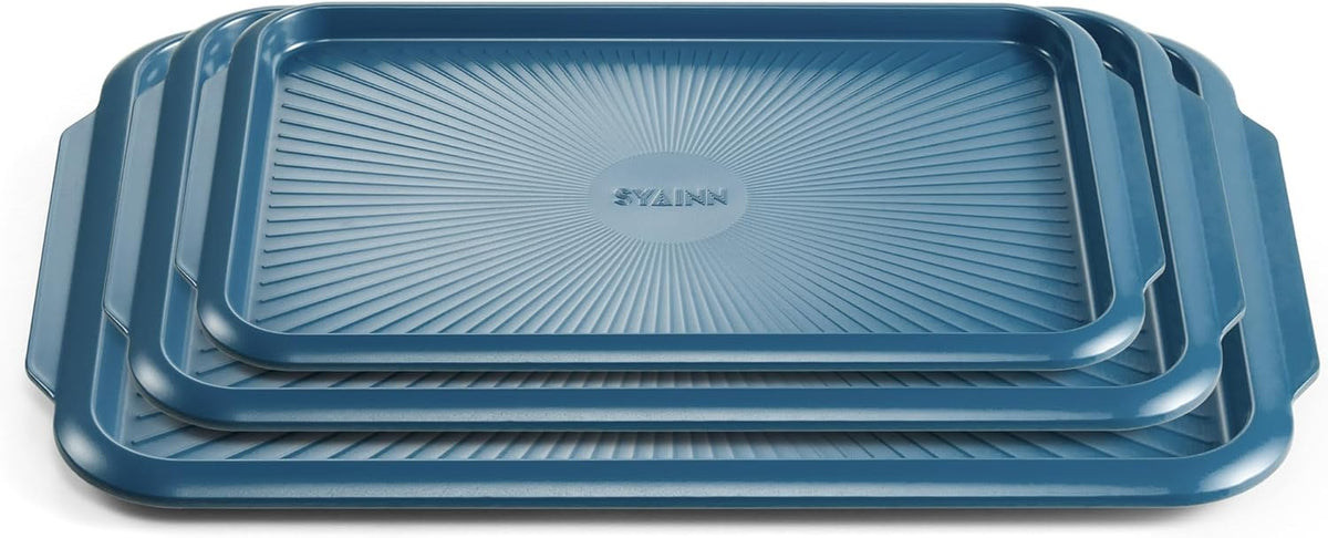 SYAINN Non-stick Ceramic Baking Sheet Set, 3 Pieces- Aluminum Steel Cookie Sheets for Baking-Includes Half/Quarter/Jelly Roll Pans-Warp Resistant, Toxic, PTFE & PFOA Free-Blue