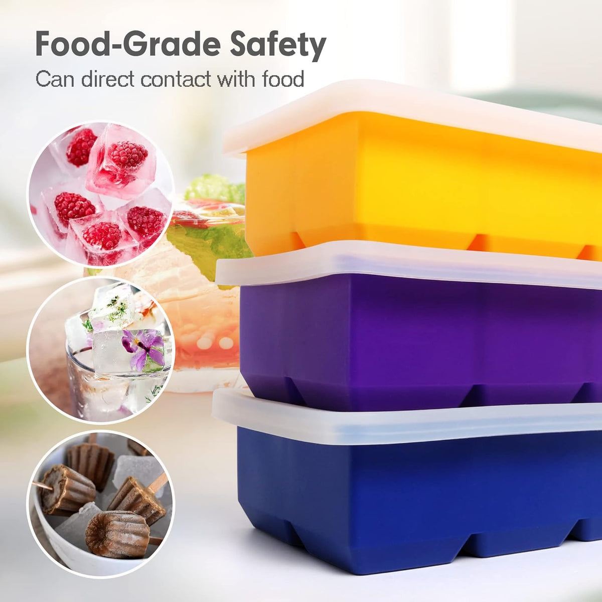 Silicone Ice Cube Trays 3 Pack - Large Size Silicone Ice Cube Molds with Leak Proof Removable Lid Square Ice Cube Tray And BPA Free for Cocktail,Whiskey, Stackable Flexible Ice