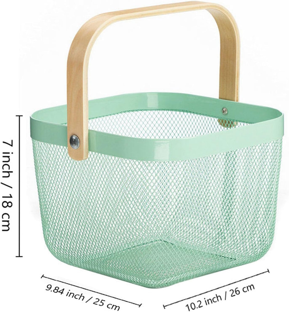 Metal Mesh Steel Basket, Storage Organizer Basket Multi-functional Hanging Kitchen Baskets Fruit Basket with Wooden Handle for Kitchen Bathroom Picnic Shopping Decor Cabinet Home, Macaron Blue