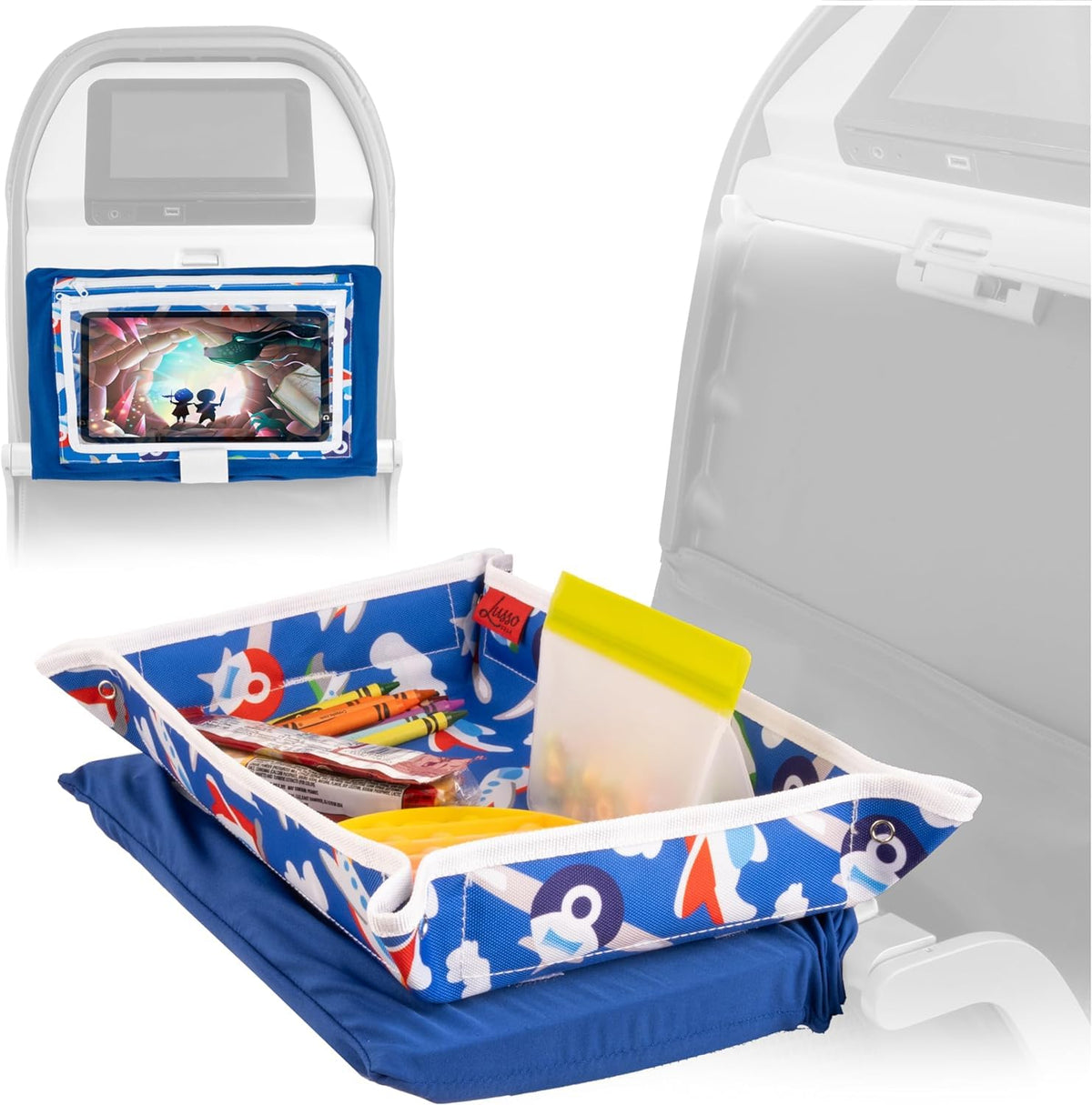 Lusso Gear Airplane Tray Table Cover with Pockets for Toddlers & Kids - Airplanes Pattern - Foldable & Rollable Lap Desk with Carabiner Clip - Toddler Travel Essentials & Plane Activities