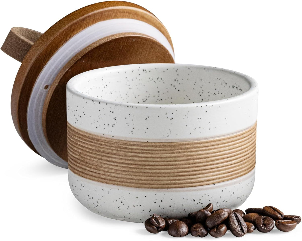 Small Ceramic Jar with Lid, Coffee Container Canister Kitchen Food Storage Jars for Spice Sugar Tea Bag, Stackable Decorative Jars for Countertop, White & 5oz