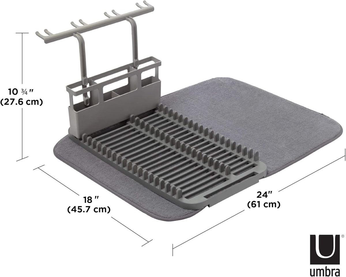 Umbra Udry Dish Rack and Microfiber Drying Mat – Space-Saving Design Folds Up for Easy Storage, Rack with Caddy, Gray
