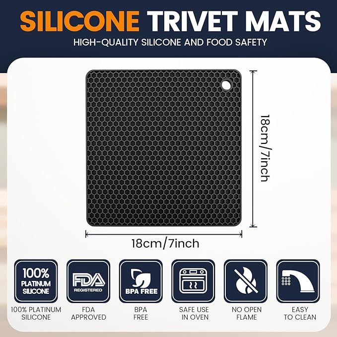 Silicone Trivet Mats 4 Heat Resistant Pot Holders Multipurpose Non-Slip Hot Pads for Kitchen Potholders, Drying mat, Jar Opener, Spoon Holder, Coaster.(Dark Black)