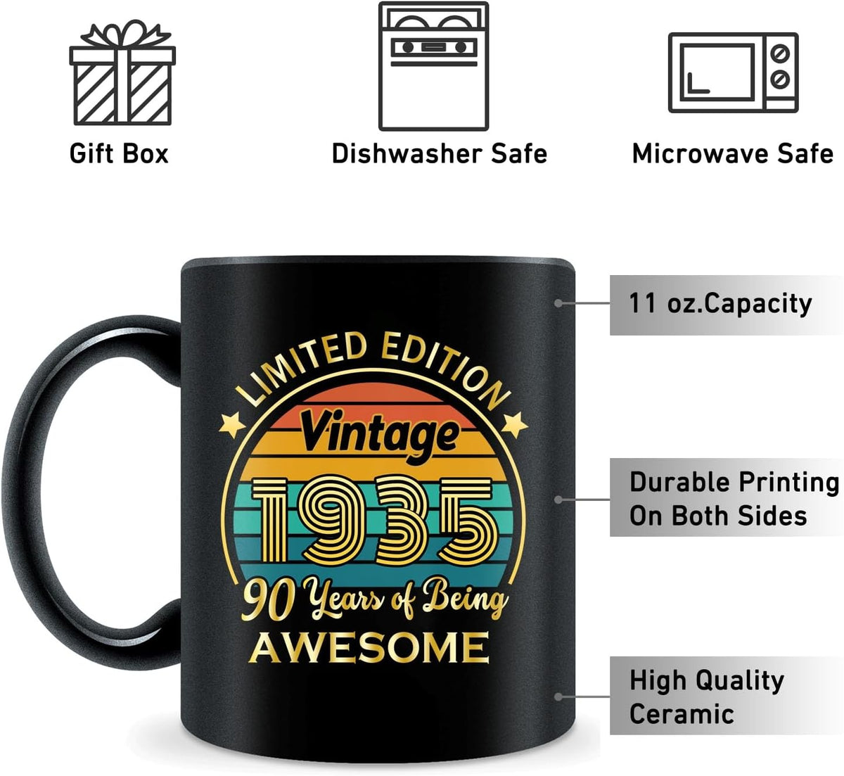 QUPT 90th Birthday Gifts for Women Men, 90th Birthday Gifts for Him, 1935 Birthday Gifts for Women Men, 90 Years Old Gifts, 1935 Birthday Gifts for Her Him, 90th Birthday Presents Coffee Mug