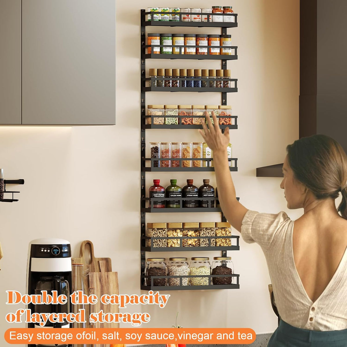 X-cosrack 8-Tier Adjustable Spice Rack – Wall-Mounted Space-Saving Organizer with Mixed Baskets, Large-Capacity Seasoning Holder for Kitchen & Pantry (Black)