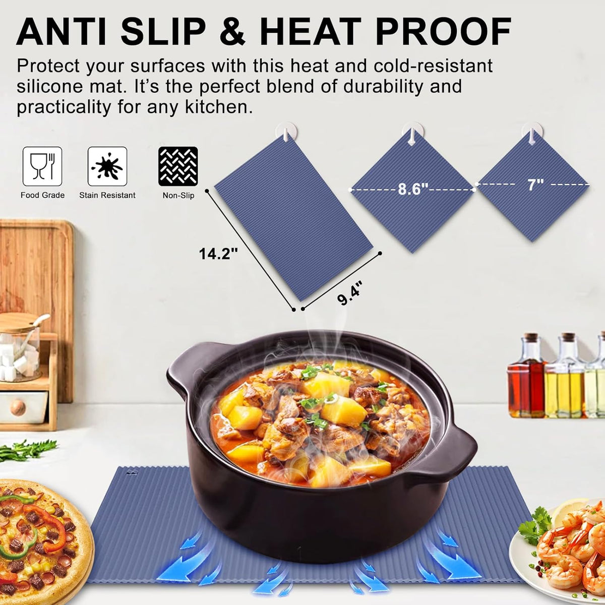 2 Pack 8.6"x8.6" Trivets for Hot Dishes, Hot Pads for Kitchen, Silicone Trivets for Hot Pots and Pans, Hot Plates to Protect Table, Heat Resistant Silicone Trivet Grey (Blue, 8.6"x8.6")